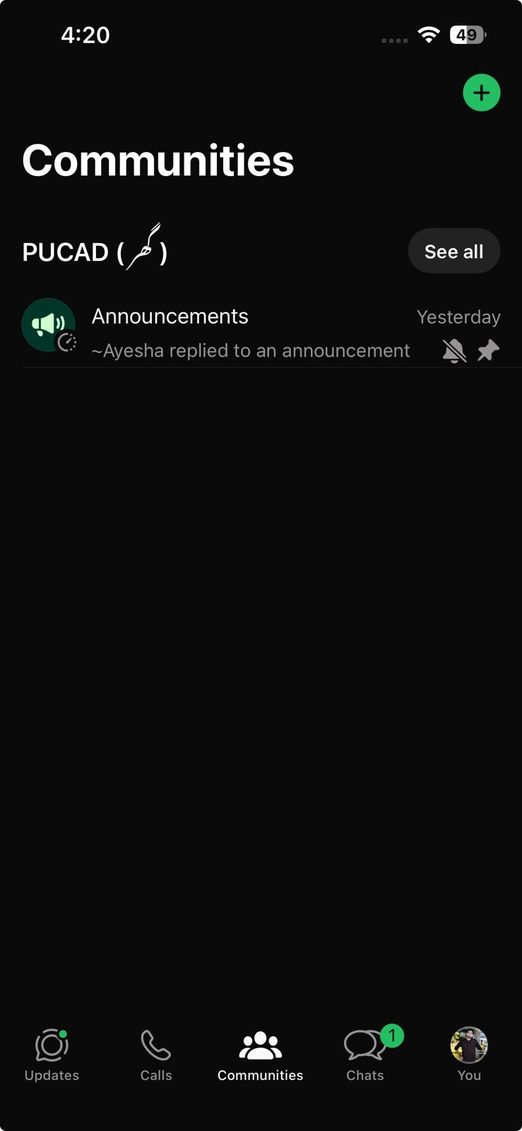 WhatsApp home screen missing the Communities tab or missing the New Community option.