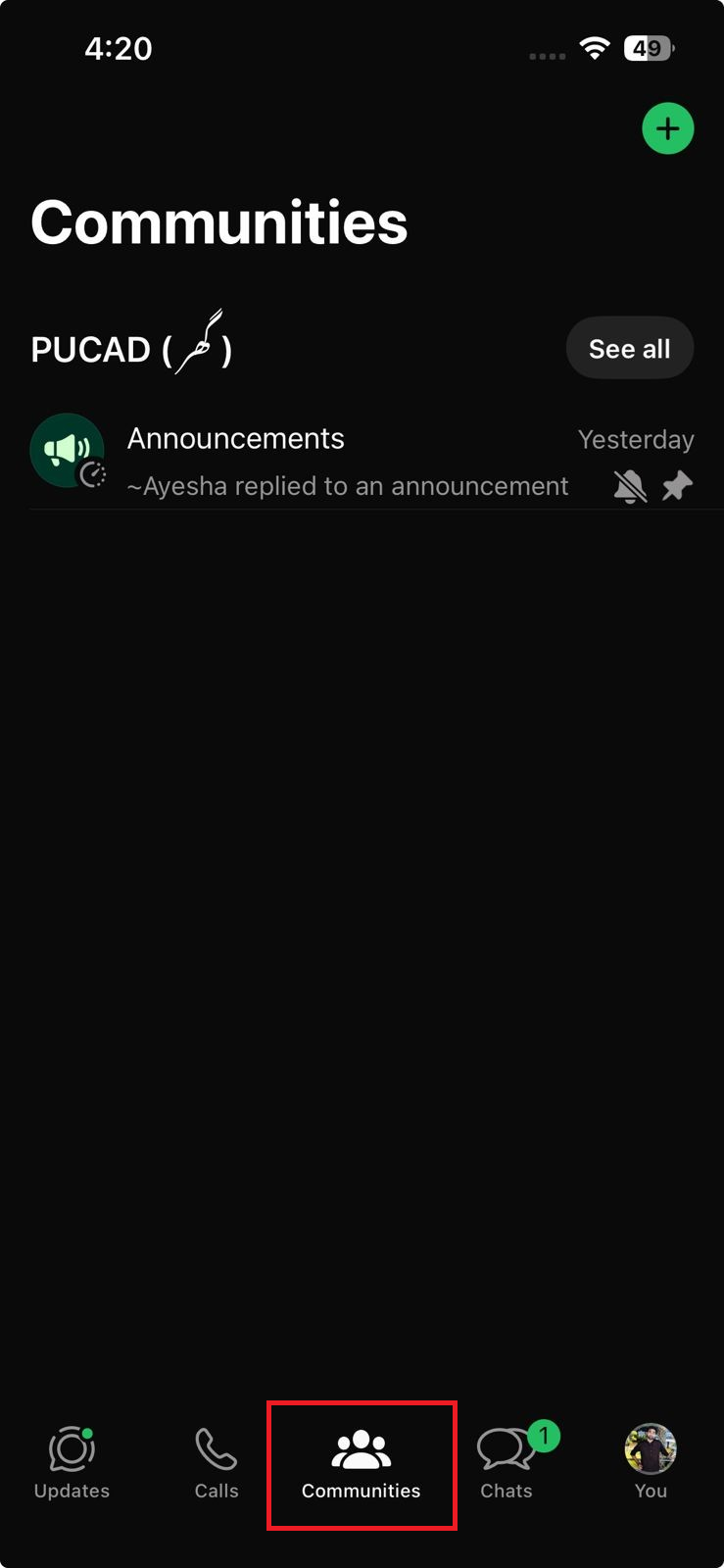 WhatsApp showing the Communities tab in the app interface where a user would create or open a community.