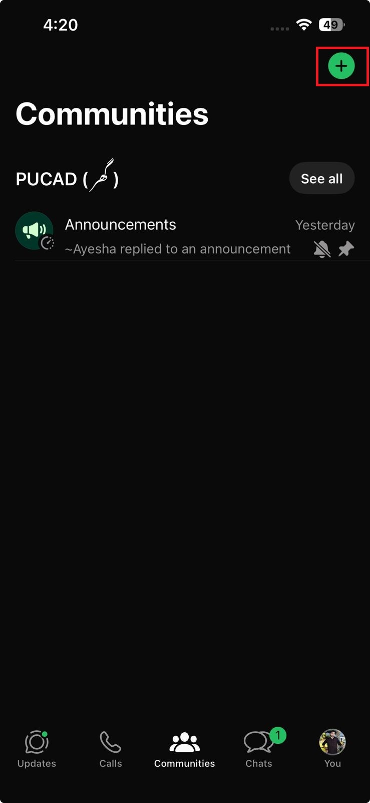 WhatsApp Communities screen showing joined communities but no New Community button.