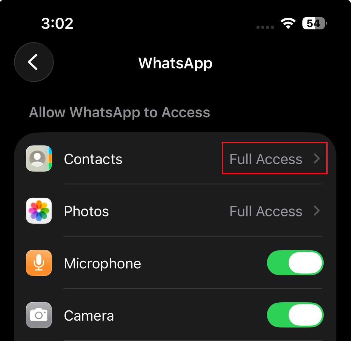 Android or iPhone app permissions showing WhatsApp allowed to access Contacts.