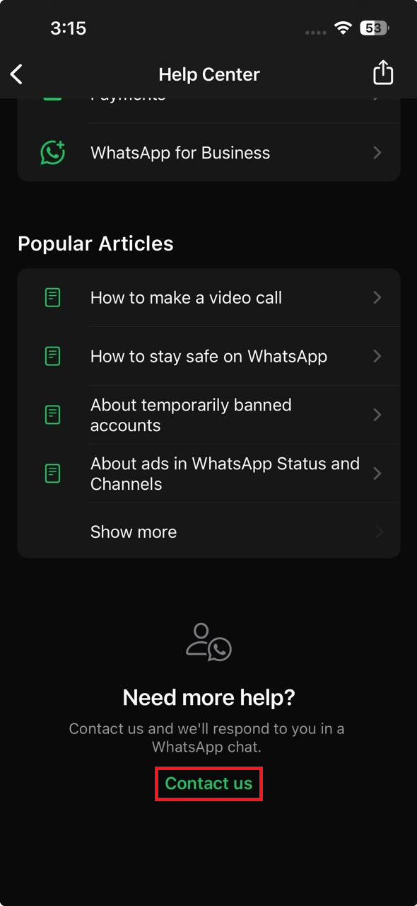 WhatsApp Help menu showing the Contact us option after repeated status view failures.
