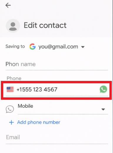 Phone number being saved in full international format with a country code for WhatsApp.
