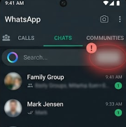 WhatsApp chat list with the Meta AI blue and purple circle or Ask Meta AI search path missing from the screen.