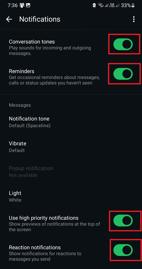 WhatsApp in-app notification settings screen showing message and group alert controls.