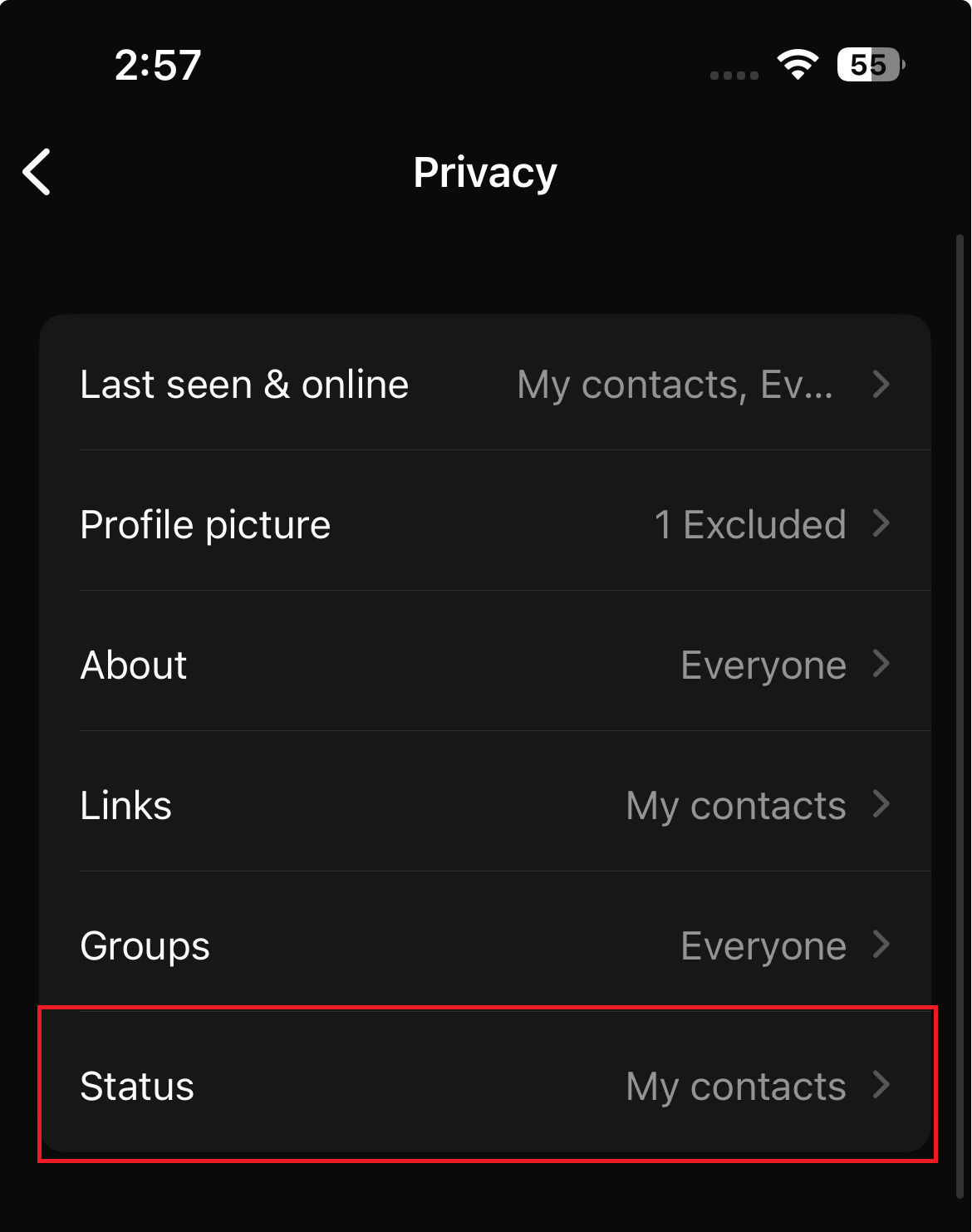 WhatsApp Status privacy settings showing My contacts, My contacts except, and Only share with.