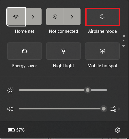 Windows 11 quick settings showing Airplane mode turned off while troubleshooting missing Bluetooth.