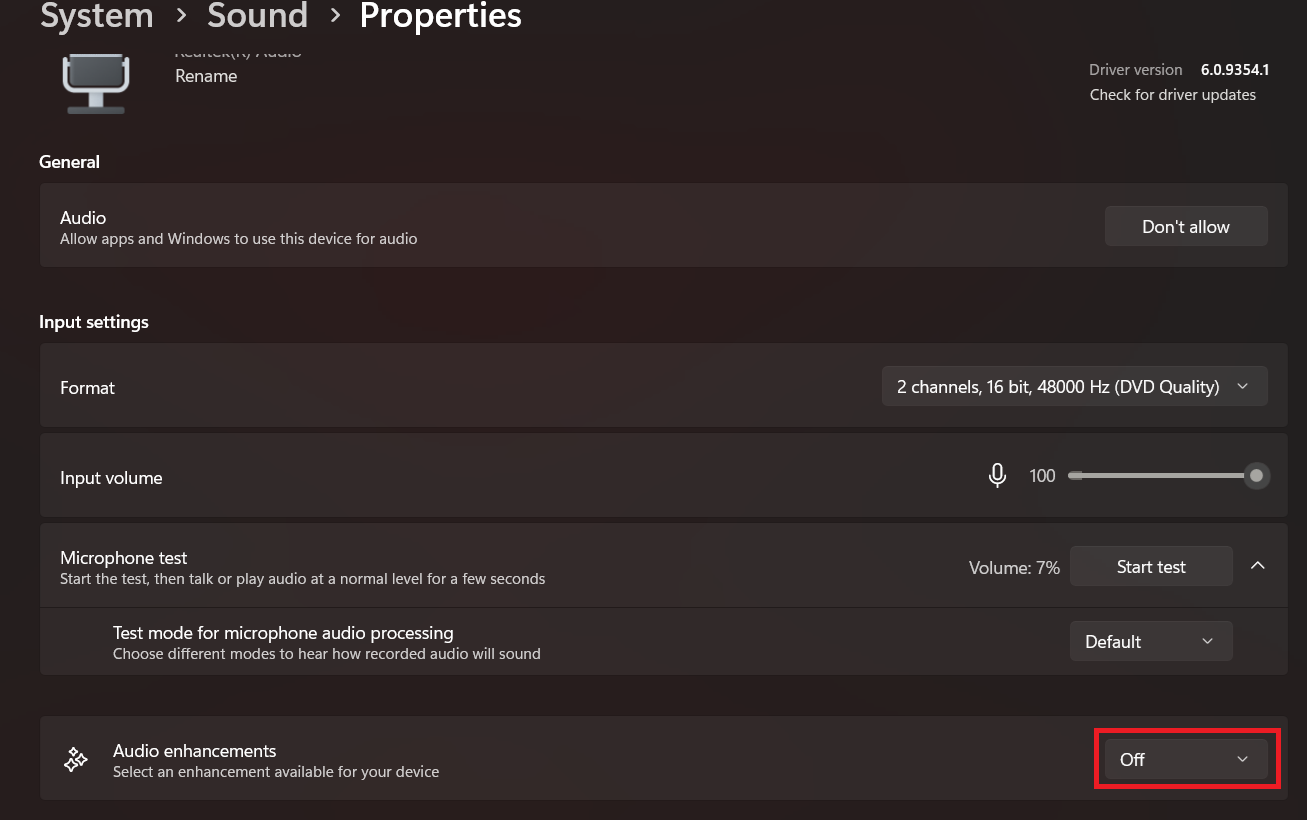 Windows 11 Bluetooth audio device properties with Audio enhancements set to Off.
