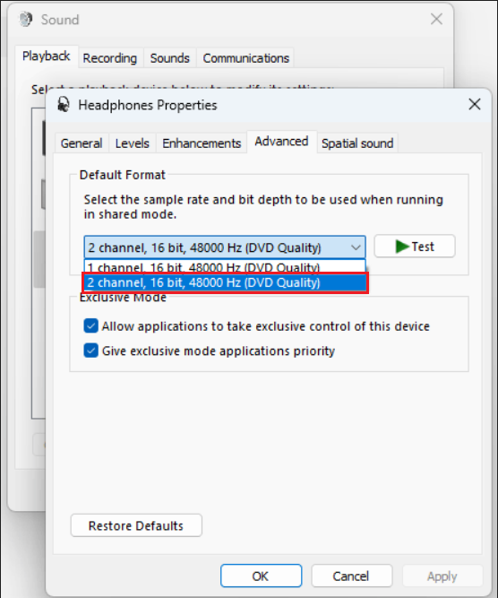 Windows 11 Bluetooth device advanced sound properties showing the Format dropdown set to 2 channels 16 bit 48000 Hz.