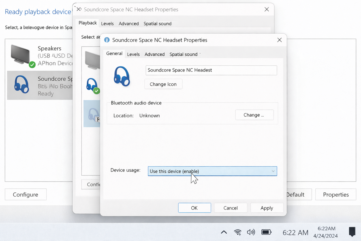 Windows 11 More sound settings and Bluetooth playback device properties showing Use this device enabled.