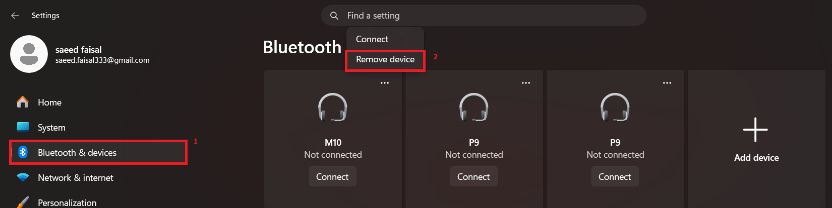 Windows 11 removing a Bluetooth headset or speaker and pairing it again from Bluetooth and devices settings.