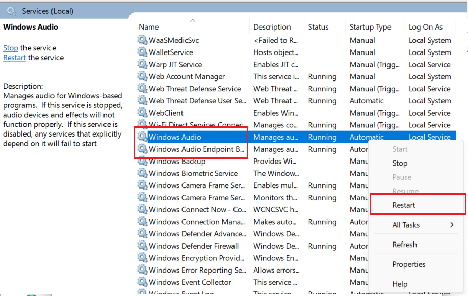 Services in Windows 11 restarting Windows Audio and Windows Audio Endpoint Builder after Bluetooth audio stops playing.