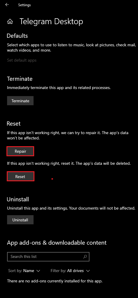 Windows Installed apps page showing Advanced options with Repair or Reset for an app that is not opening correctly.
