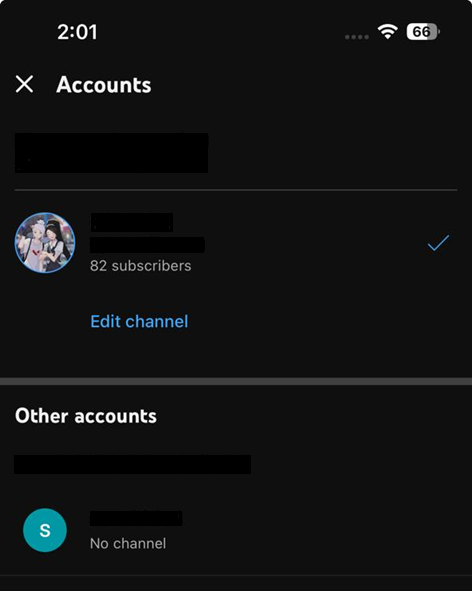 YouTube account switcher showing multiple Google or brand accounts.
