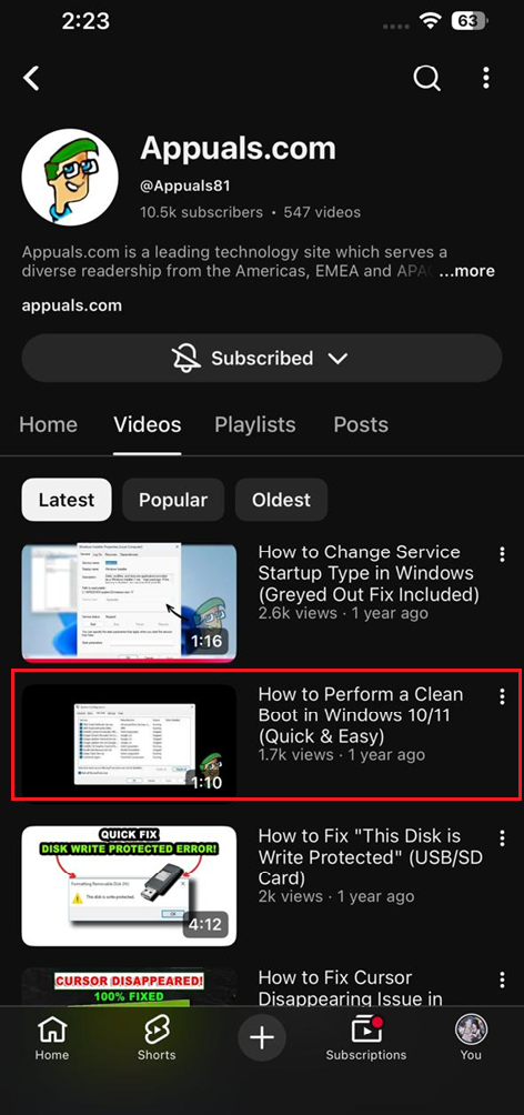 YouTube History page being checked immediately after watching a short test video on the same account.