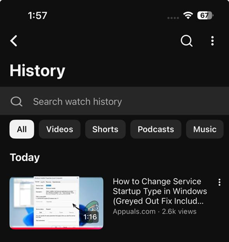 YouTube History page showing a newly watched test video recorded successfully.