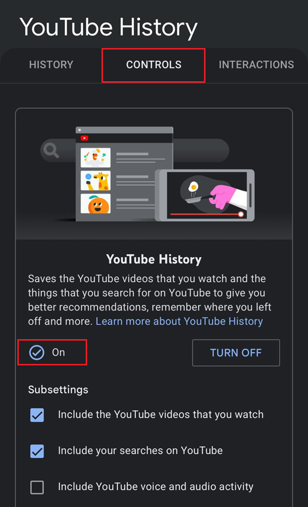 YouTube Manage all history page showing saving history toggle and pause state.