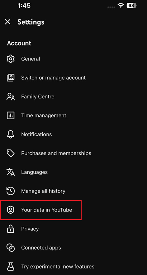YouTube profile menu opening Your data in YouTube or Manage all history.