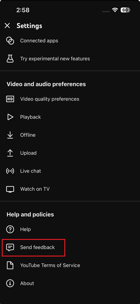 YouTube Send feedback panel with watch history bug details ready to submit.Title: Send watch history bug report to YouTube