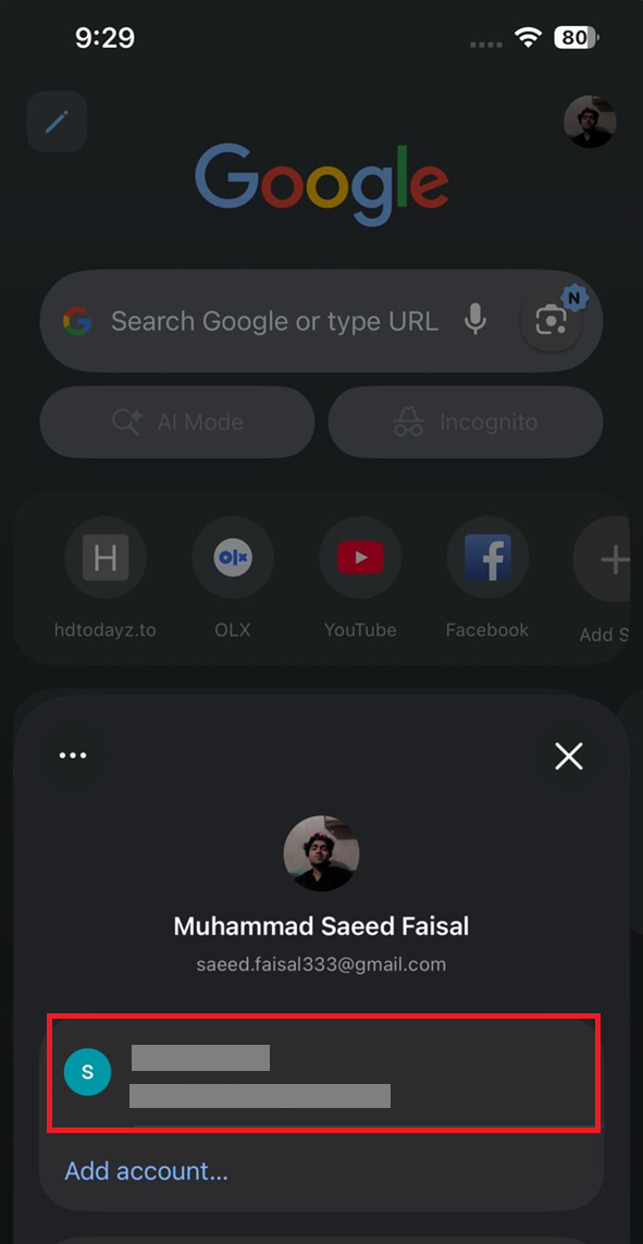 YouTube account switcher used to test whether another account works normally.