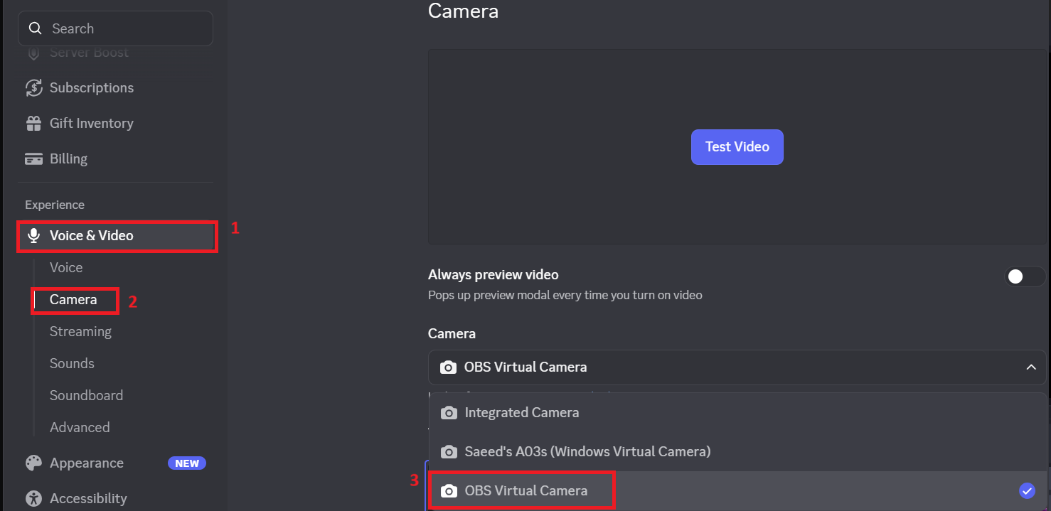 A video app selecting OBS Virtual Camera from the camera list after reopening the app.