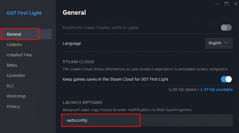Steam launch options field being cleared for 007 First Light before another startup test.