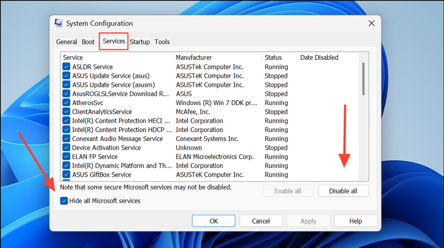 System Configuration with Hide all Microsoft services checked and Disable all selected.