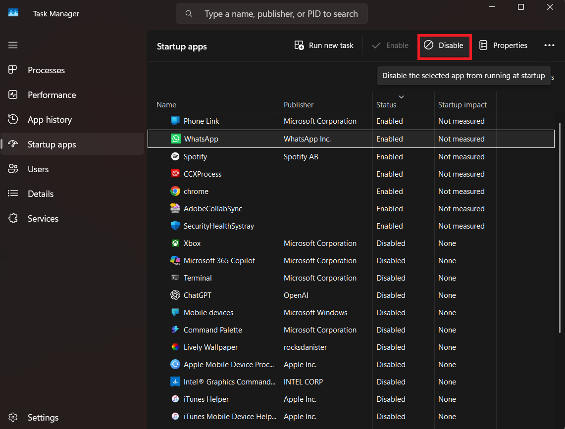 Task Manager Startup tab with enabled startup items being disabled for a clean boot test.