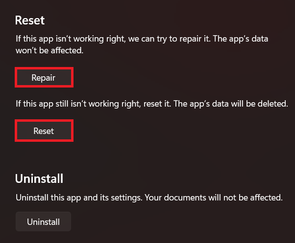 Windows 11 Installed apps page showing the Repair and Reset options for an app or game.