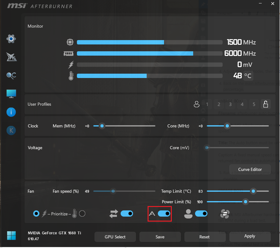 MSI Afterburner main window showing the fan Auto control enabled instead of a fixed manual fan speed.