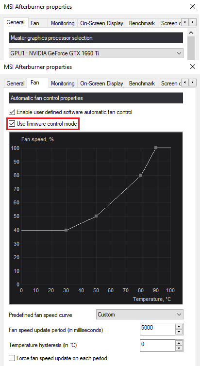 MSI Afterburner Fan tab showing Use firmware control mode enabled for a desktop graphics card.