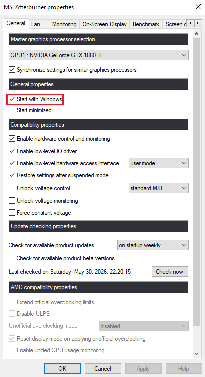 MSI Afterburner settings showing Start with Windows and the main window Apply at Windows Startup control.