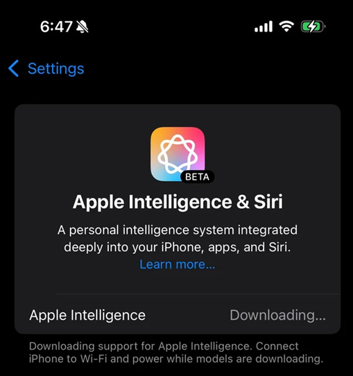 iPhone Apple Intelligence and Siri settings showing Apple Intelligence stuck on Downloading.