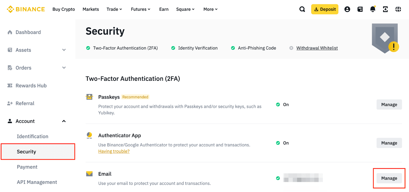 Binance Security settings editing the registered email or phone number after a verification code route becomes unusable.