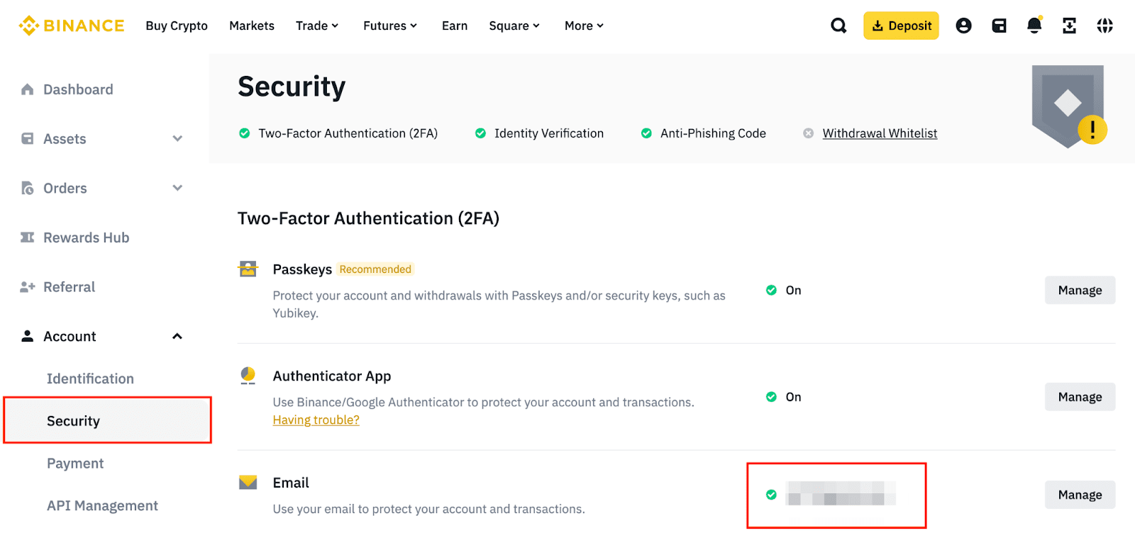 Binance Security page checking the registered account email before requesting another verification code.
