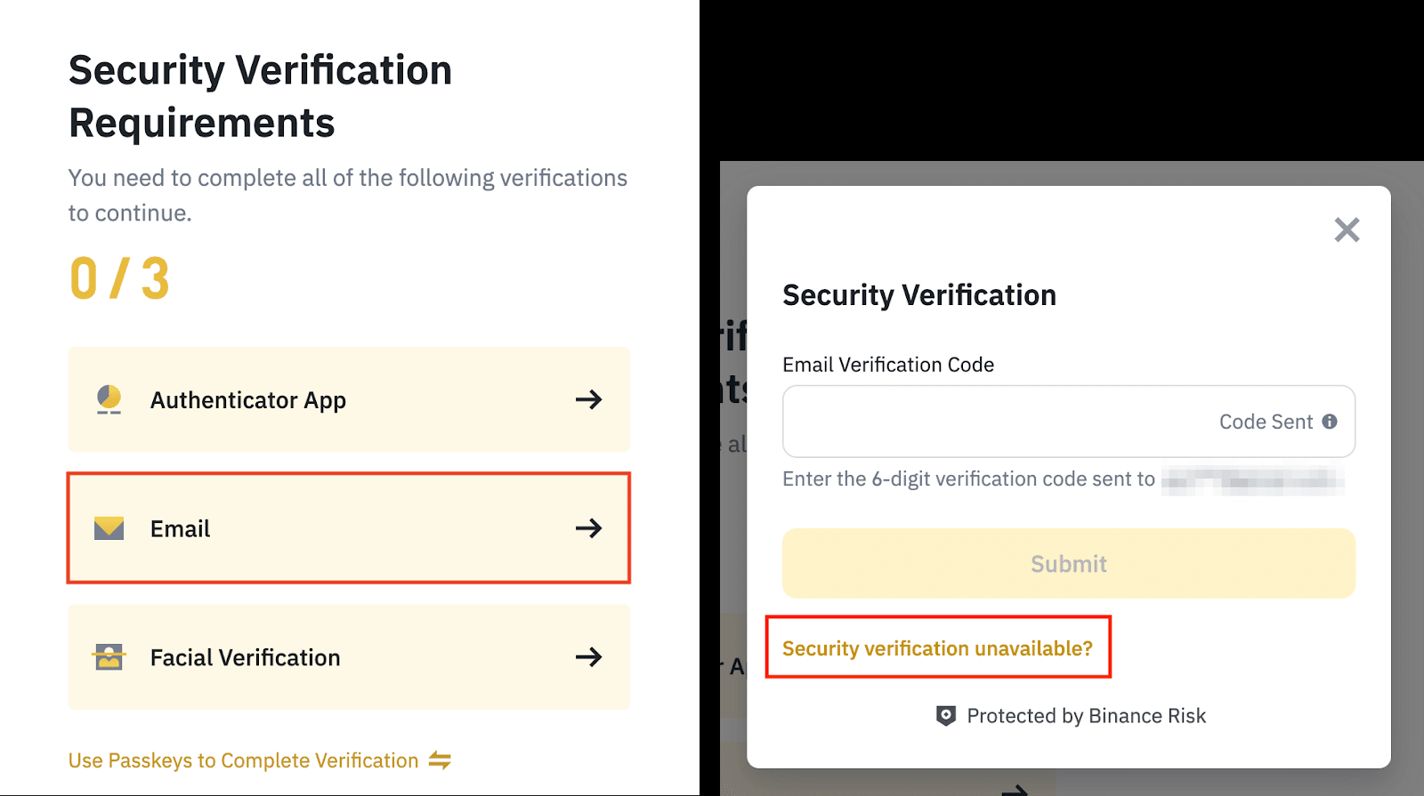 Binance security verification screen using the Security verification unavailable option to reset a dead 2FA method.