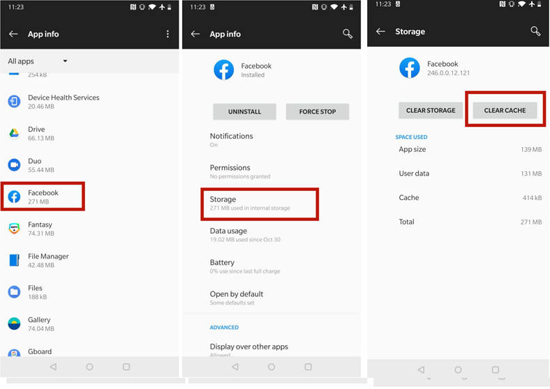 Android app settings clearing Facebook cache while troubleshooting a missing Monetization option.