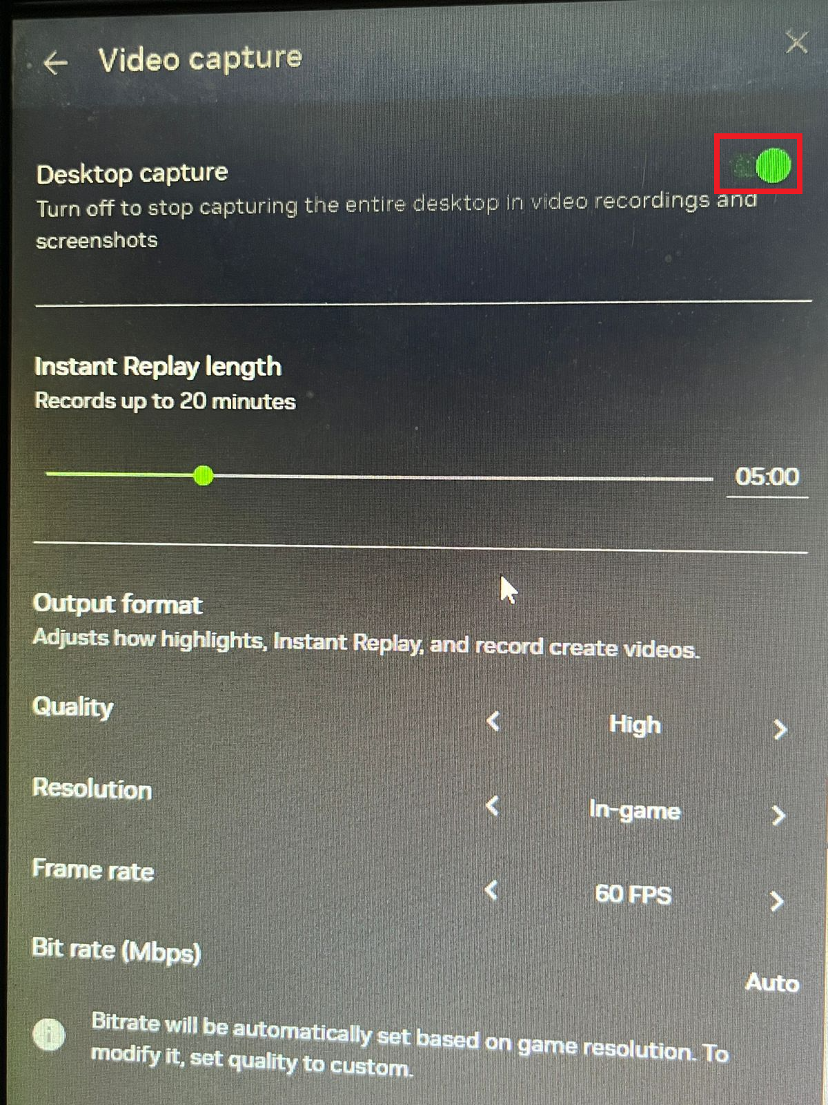 NVIDIA overlay enabling Desktop capture for older games, web apps, or windowed apps that need it.