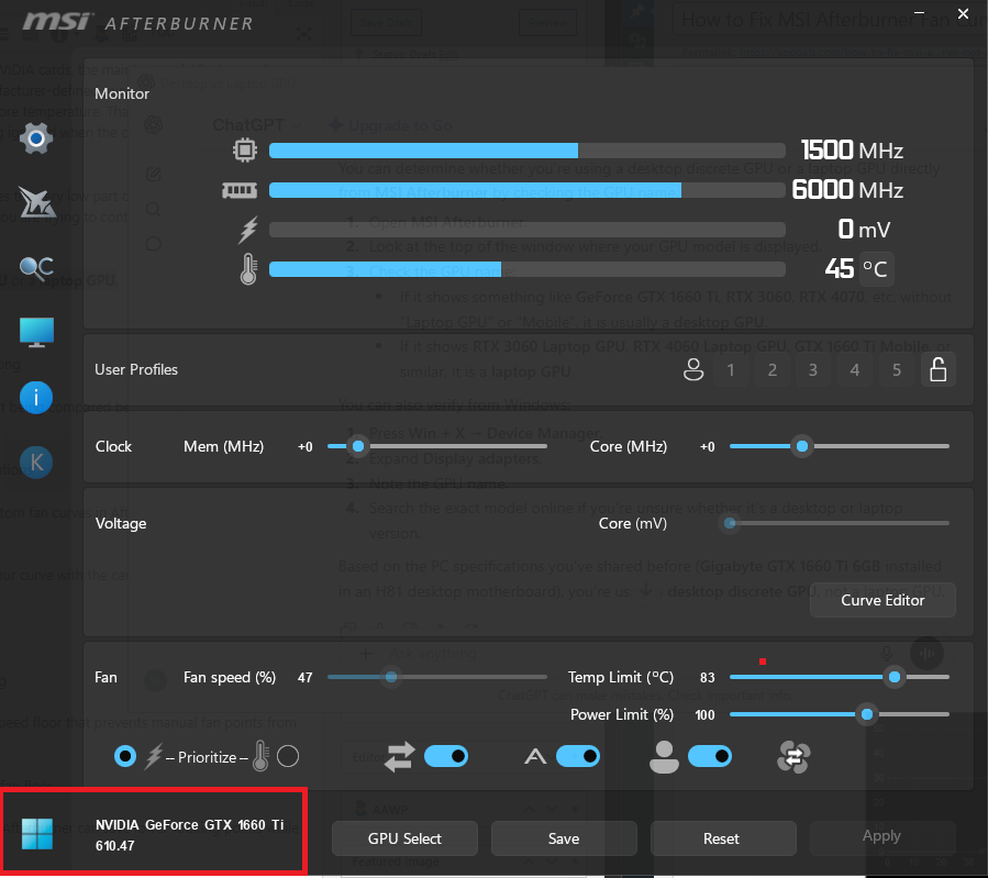 A desktop graphics card and a laptop GPU context being compared before troubleshooting MSI Afterburner fan curve control.