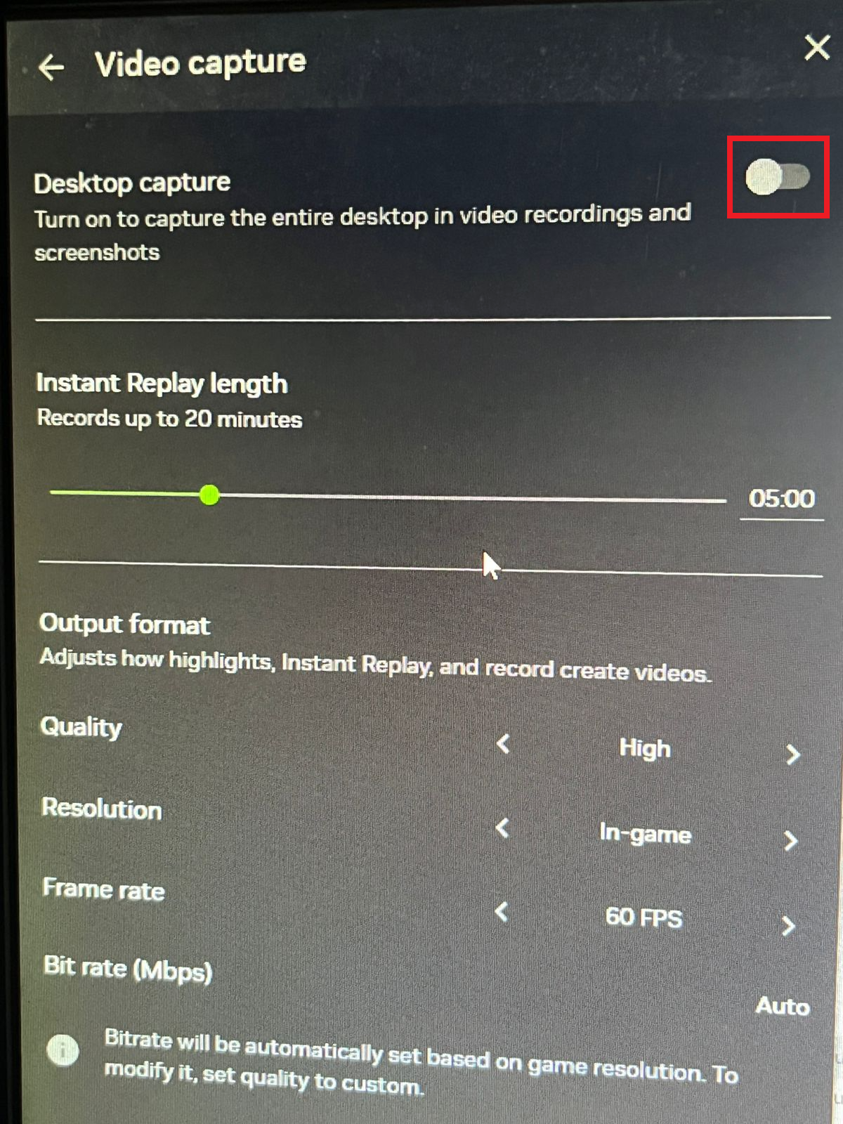 NVIDIA overlay Video capture settings with Desktop capture turned off to stabilize Instant Replay for games.