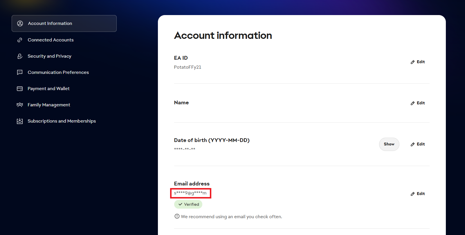 EA account settings checking which email address is attached to the account before requesting another verification code.