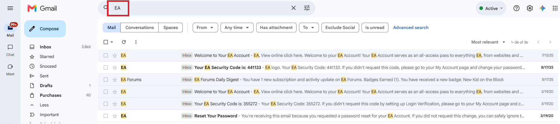 Email inbox checking Spam and Junk folders and opening a previous EA message while troubleshooting a missing verification code.