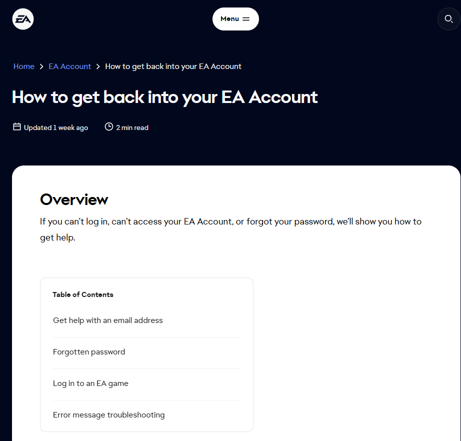 EA Help account recovery form being used to report a missing verification code and regain account access.