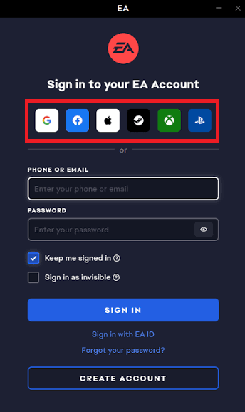 EA login page using a linked PlayStation Xbox Steam Apple Facebook or Google account instead of waiting for a missing email code.