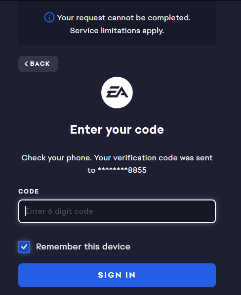 EA login screen waiting for a verification code email or text message that never arrives.