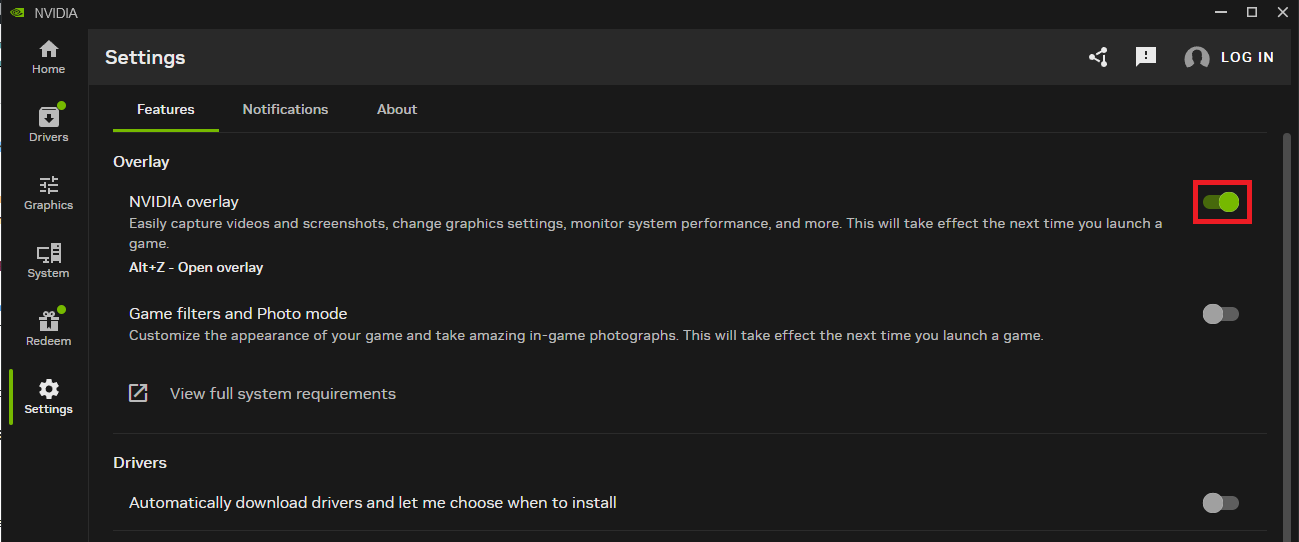 NVIDIA app or GeForce Experience settings with In-Game Overlay enabled.
