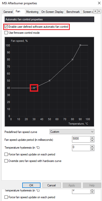 MSI Afterburner Fan tab with Enable user-defined software automatic fan control turned on.