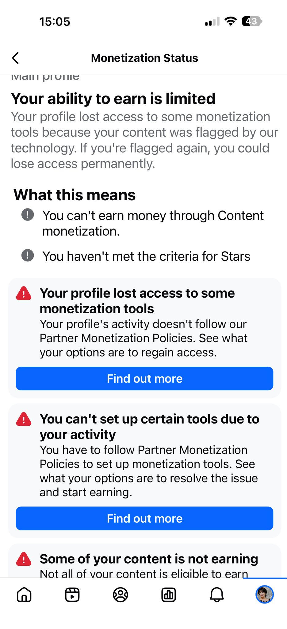 Facebook Account Status screen showing restrictions or limited monetization on a profile.
