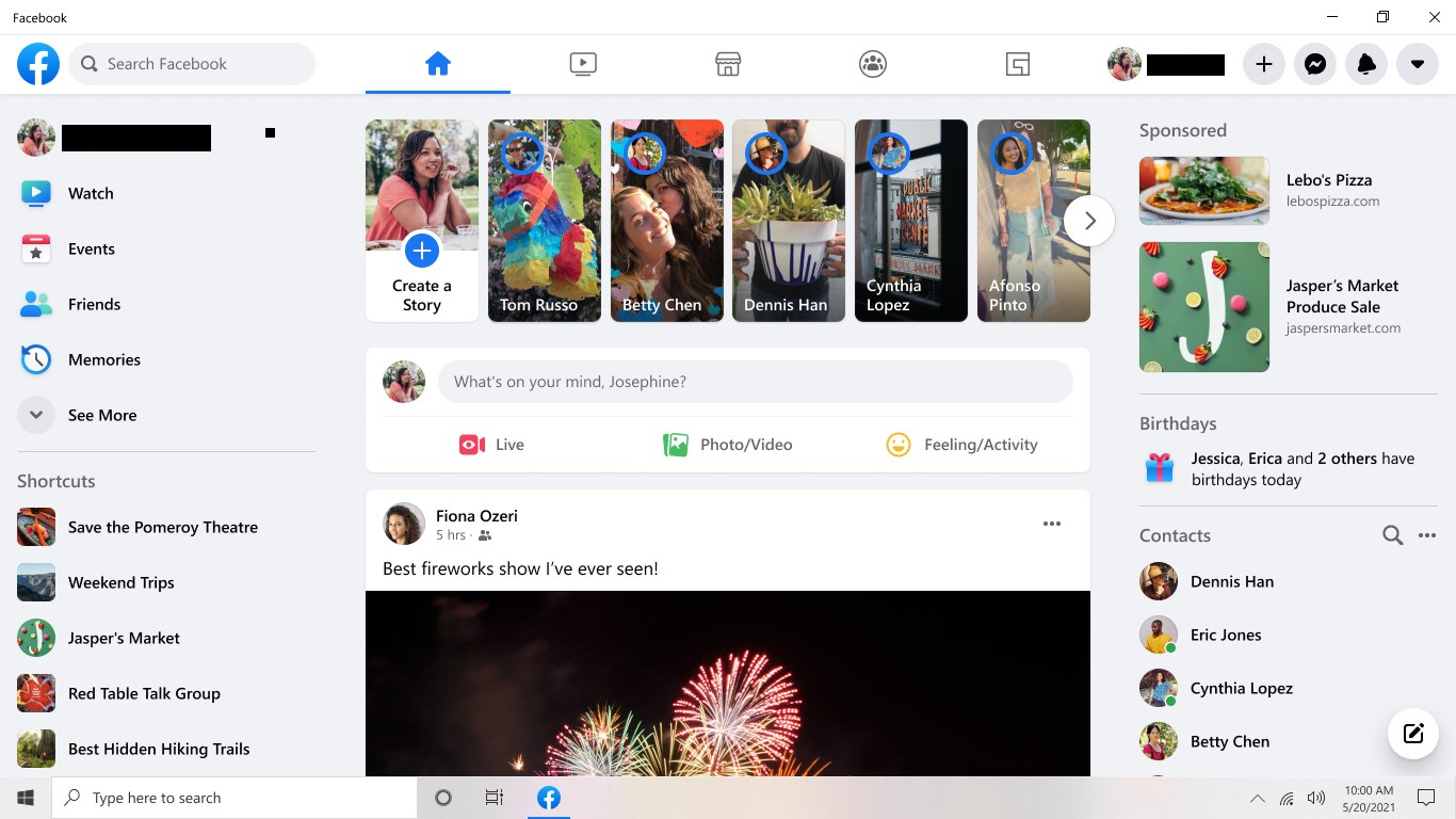Facebook personal profile and Page views side by side while checking whether the share options differ.