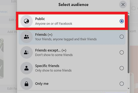 Facebook post audience selector showing Public versus Friends while checking why Share is limited.