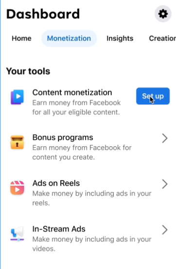 Facebook Professional Dashboard showing the Monetization tab and the Content Monetization entry or an interest message.